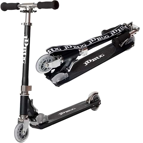 The JD Bug Original Street MS130B Kick Scooter in matte black is foldable and kid-friendly, featuring silver handlebars, two small wheels, and a carrying strap. The lightweight scooter's deck and front proudly display the white JD Bug logo.
