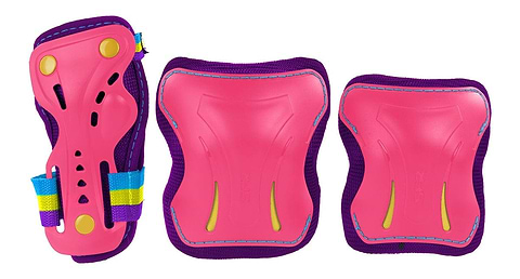 Introducing the SFR Essentials Junior Triple Skate Protection Pad Set - Tropical, a lively and colorful ensemble for skaters. This set includes knee and elbow pads in vivid purple and pink, enhanced by durable impact caps, and accented with yellow and blue straps for a striking tropical design.