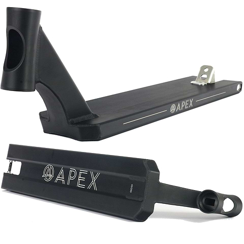 The Apex Pro Black Boxed Stunt Scooter Deck, 5 inches by 20.1 inches, shown from top and underside, with boxed ends, a cutout near the back and the Apex logo.