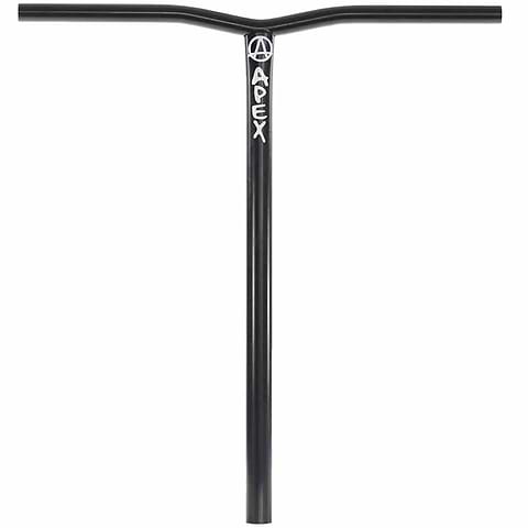 The Apex Bol Steel Standard SCS Stunt Scooter Bars in black, measuring 590mm by 560mm, showcases a sleek T-shaped design crafted from durable 4130 Chromoly Steel. It features the "APEX" branding and a striking logo in white on the vertical bar.