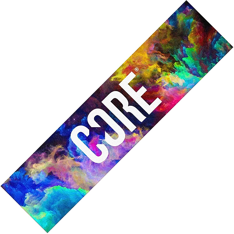 A vibrant griptape adorned with swirls of blue, purple, yellow, and green from the CORE's Neon Galaxy collection is ideal for adding a splash of color to your scooter. The word "CORE" stands out prominently in bold white lettering across the center, echoing the brand's reputation for striking designs.