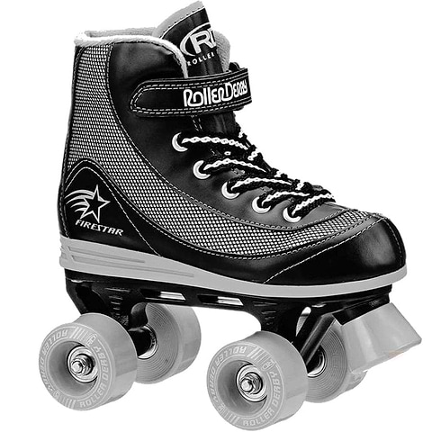 The Roller Derby Firestar V2 Quad Roller Skates in black and grey boast a high-top sports shoe design with sleek white laces. Featuring four wheels, they are adorned with a star graphic and proudly display the text "Roller Derby" and "Firestar" on the side.
