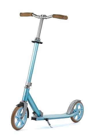 The Frenzy 205mm Kaimana Foldable Commuter Scooter in blue features a metal frame, brown handlebars, and large blue wheels. It includes a folding mechanism, kickstand, and dual brake system with a rear fender brake. The scooter is set against a white background.