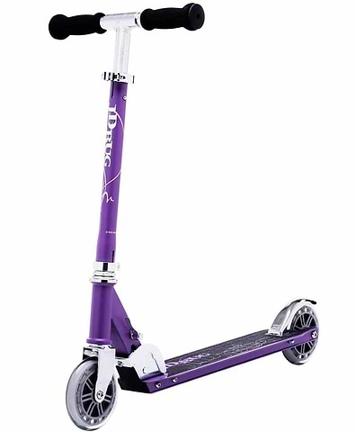The JD Bug Classic Street 120 Kids Foldable Kick Scooter in matt purple offers a sleek, lightweight design with adjustable T-shaped handlebars featuring black grips, sturdy frame, and silver wheels. It also showcases a stylish graphic on the deck for added flair.