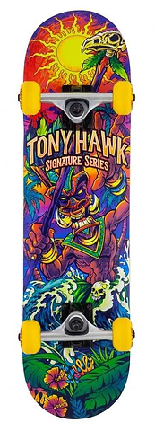 Dive into excitement with the Tony Hawk 360 Series Utopia Mini Complete Skateboard, a vibrant creation featuring "Tony Hawk" boldly displayed over eye-catching graphics of a masked figure, swirling waves, tropical leaves, and a sun with a skull. Equipped with yellow wheels and intricate artistic design, it's an ideal entry-level skateboard.