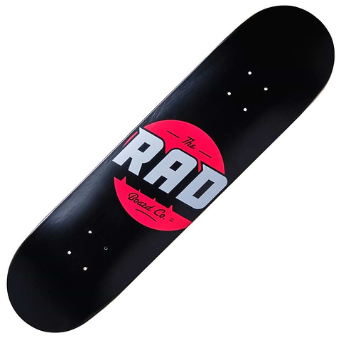 Introducing the RAD Solid Logo Black/Red Skateboard Deck, measuring 7.75" x 31". Designed for beginners, it showcases a red circle at its center with "The RAD Board Co." boldly displayed in grey and black letters. Crafted from durable Hard Rock Maple, this sleek deck comes equipped with six holes for trucks.