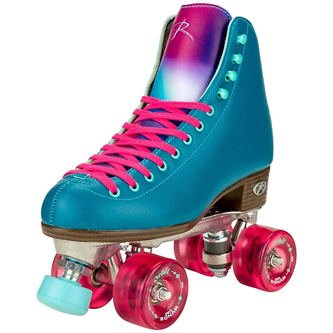 The Riedell Orbit Quad Roller Skates - Lagoon showcase a lively teal high-top boot adorned with pink laces and wheels. Their tongue displays a captivating gradient from purple to blue, complementing their retro style and colorful look, making them ideal for any outdoor roller skating adventure.