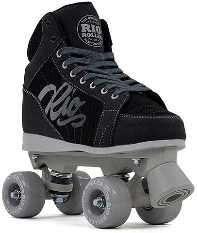 The Rio Roller Lumina Quad Roller Skates in Black and Grey, a low-cut quad skate with grey wheels and a comfortable padded boot.