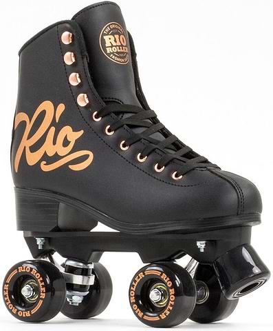 The Rio Roller Rose Quad Roller Skates in Rose Black, a high-boot retro roller boot with a black boot, contrast laces and white wheels.