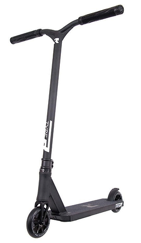 The Root Industries Type R Complete Stunt Scooter in Black, a minimalist modern scooter with a sturdy frame, rubber grip straight handlebars and a textured deck surface for traction.