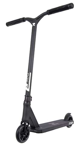 The Root Industries Type R Complete Stunt Scooter in Black, a minimalist modern scooter with a sturdy frame, rubber grip straight handlebars and a textured deck surface for traction.