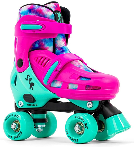 The SFR Hurricane IV Adjustable Quad Roller Skates in Tie Dye feature a pink and turquoise tie-dye boot with a size-adjuster system, quick-release buckles and adjustable straps.