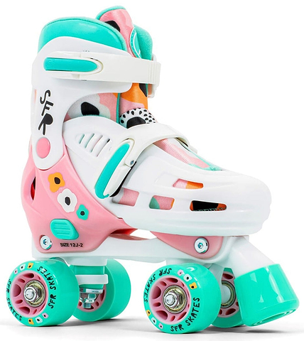 The SFR Storm V Adjustable Quad Roller Skates in Flower feature a floral-patterned boot with adjustable sizing, a secure strap and buckle fastening, and four polyurethane wheels.