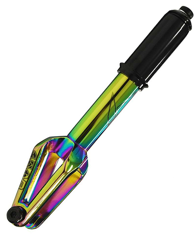 The Blunt Envy SOB V3 IHC Stunt Scooter Forks - Oil Slick Neochrome showcase a vivid iridescent design with a black cylindrical top, featuring a stunning metallic finish in vibrant hues of blue, green, and yellow. Sleek and modern, these forks perfectly complement aluminum bars and proudly display the Blunt Envy brand logo on one side.
