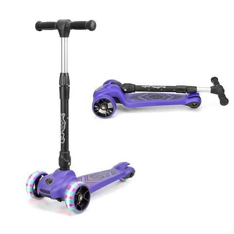 The Xootz Scout Foldable Tri-Scooter in purple is presented both fully assembled and folded, featuring LED lights on the front wheels. It includes an adjustable T-shaped handlebar and boasts a stylish design on the deck.