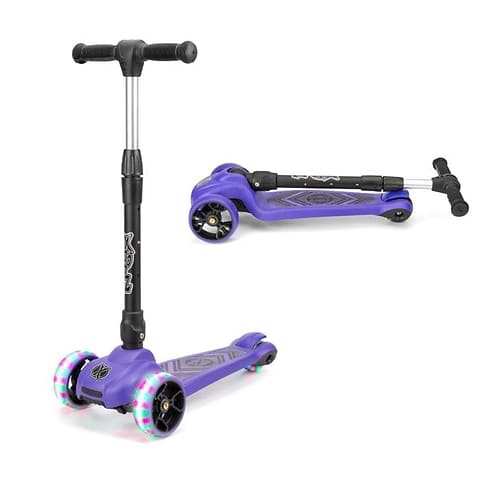 The Xootz Scout Foldable Tri-Scooter in purple is presented both fully assembled and folded, featuring LED lights on the front wheels. It includes an adjustable T-shaped handlebar and boasts a stylish design on the deck.