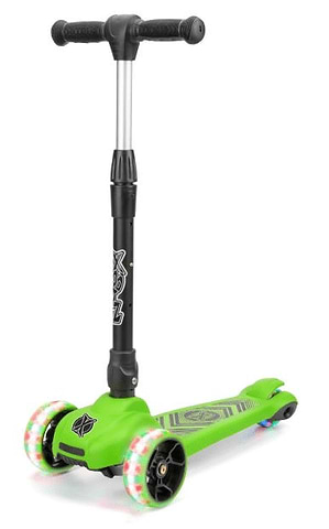 The Xootz Scout Foldable Tri-Scooter in green, designed for children, features three wheels with multicolored LED lights and a black adjustable handlebar. Its footboard is decorated with creative patterns. This scooter from Xootz blends fun with practicality, making it easy to store.