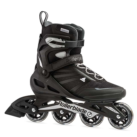 The Rollerblade 2022 Zetrablade Inline Skates in black and silver are stylish skates designed for beginner skaters, featuring four wheels, secured ankle support, and laces. The "Rollerblade" branding on the frame complements its modern design and robust construction, making it ideal for recreational use.