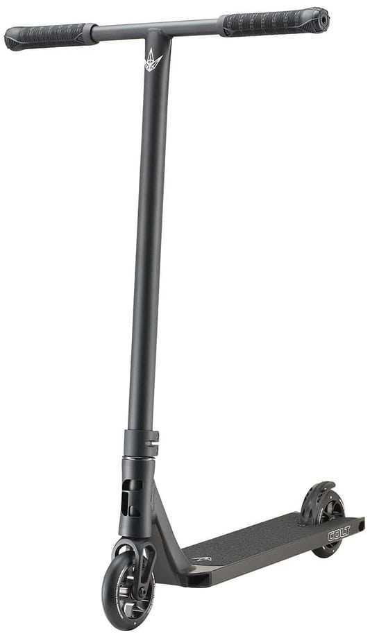 The Blunt Envy Colt S6 Complete Stunt Scooter in black boasts a wide chromoly Tension bar handlebar, a robust frame, and two durable wheels. Its deck is textured for enhanced grip, featuring a sleek and modern design perfect for executing tricks and stunts.