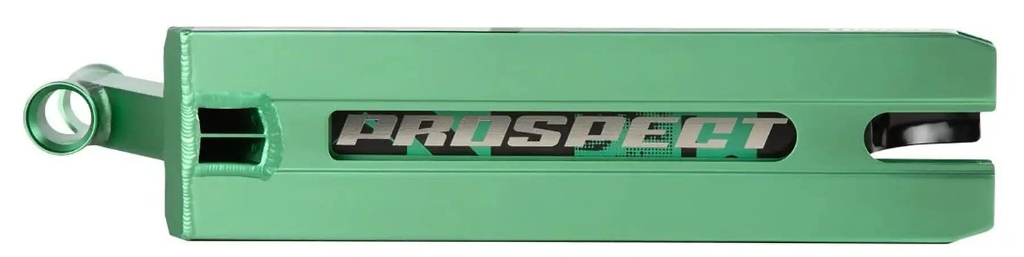 Close-up of the Lucky Prospect 2025 Mint Stunt Scooter Deck, sized 5" x 19.5", made from durable Aluminum 6000 Series with "PROSPECT" in bold through a rectangular cutout—ideal for advanced riders seeking quality and style.