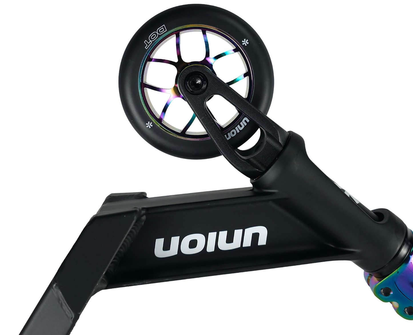 Close-up of the rear wheel and frame of the Union Dot Complete Stunt Scooter - Black / Neochrome, showing the Union brand name, wheel with visible spokes and axle attached to the metal frame.