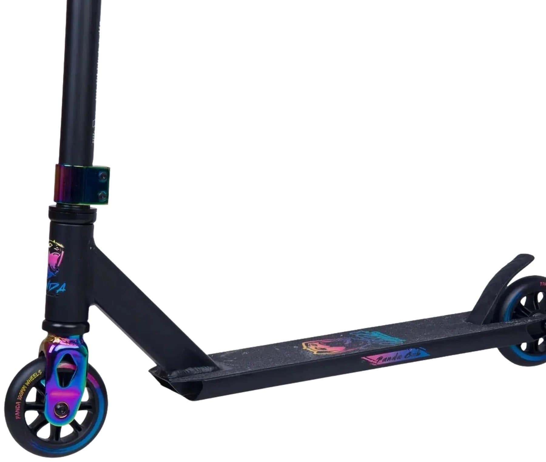 A close-up of the Panda Cub Complete Stunt Scooter by Panda in Black/Rainbow Neochrome, showing the deck with colorful graphics, handlebars, and two small wheels featuring rainbow metallic accents—perfect for young riders.