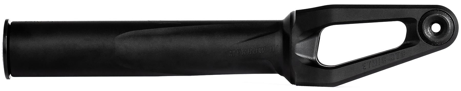 The Ethic DTC Merrow V3 8/12STD SCS Stunt Scooter Forks in Black by Ethic feature a cylindrical base, open triangular cutout near the mounting hole, and a smooth matte finish for a sleek, modern look.