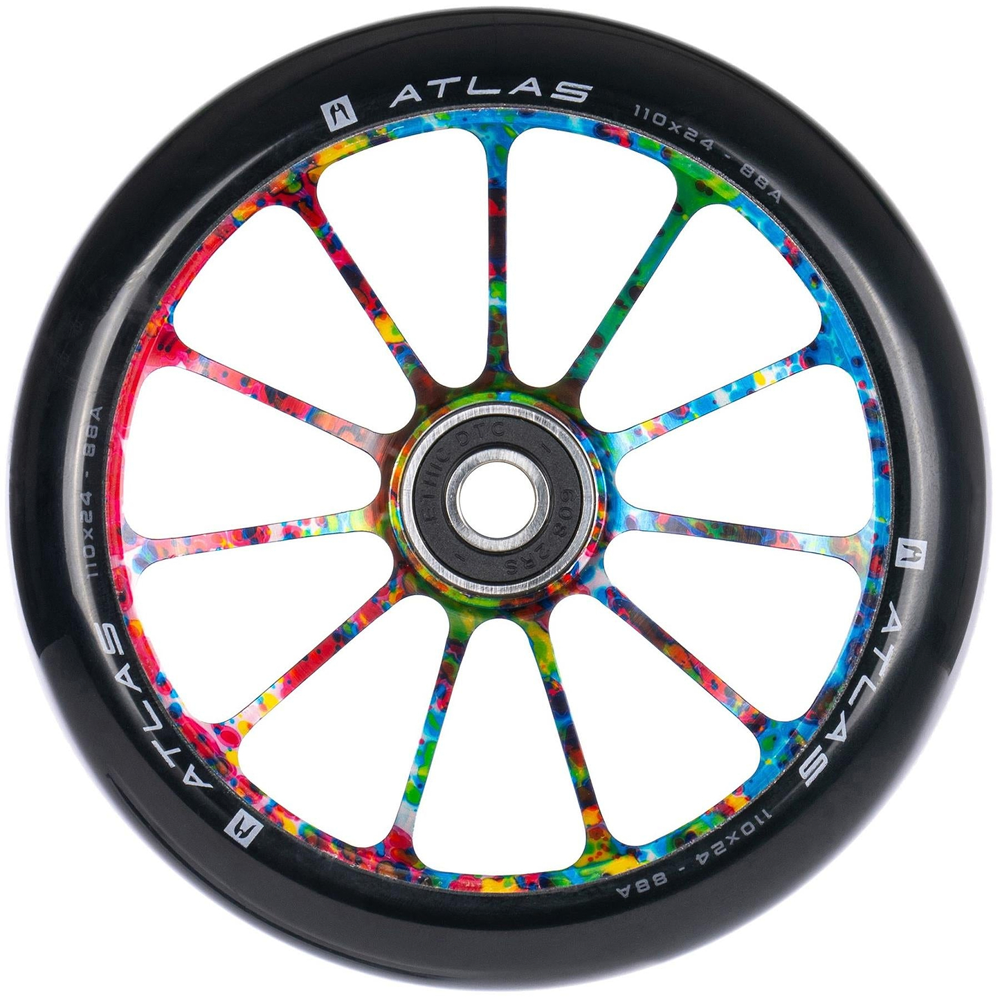 The Ethic DTC Atlas 110mm Stunt Scooter Wheel - Nebula features a black rubber outer edge, vibrant multi-colored metallic spokes, and "ATLAS" printed in white on the rim. Brand: Ethic.