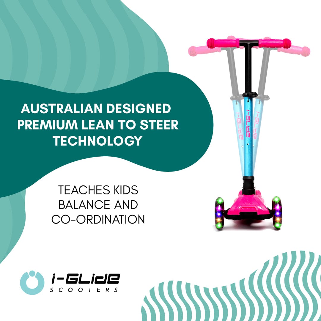Introducing the i-Glide 3-Wheel LED Kids Scooter in Pink and Aqua. This premium scooter, designed with Australian innovation, features advanced lean-to-steer technology to help children develop balance and coordination. The adjustable height handlebar accommodates growing riders, ensuring long-lasting fun from a brand you can trust: I-Glide Scooters.