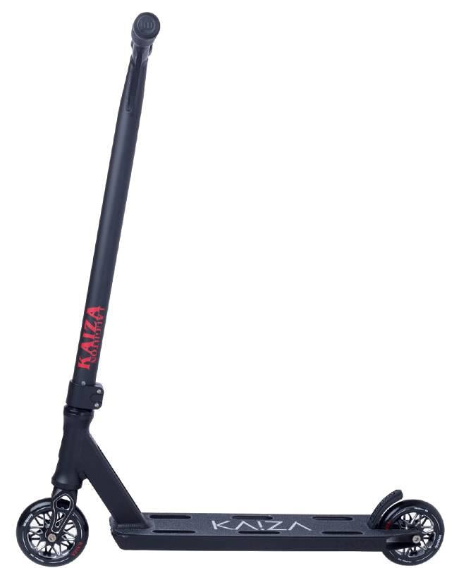 The Longway Kaiza Complete Pro Stunt Scooter - Black features bold red KAIZA branding, a streamlined design, and two small wheels—ideal as a superlight scooter by Longway for skatepark sessions.