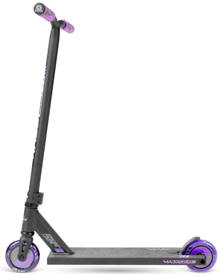 A Madd Gear MG 3 Zen Complete Stunt Scooter by MGP in Black/Lavender, with a textured deck, lavender wheels, and matching grips, stands upright against a white background.
