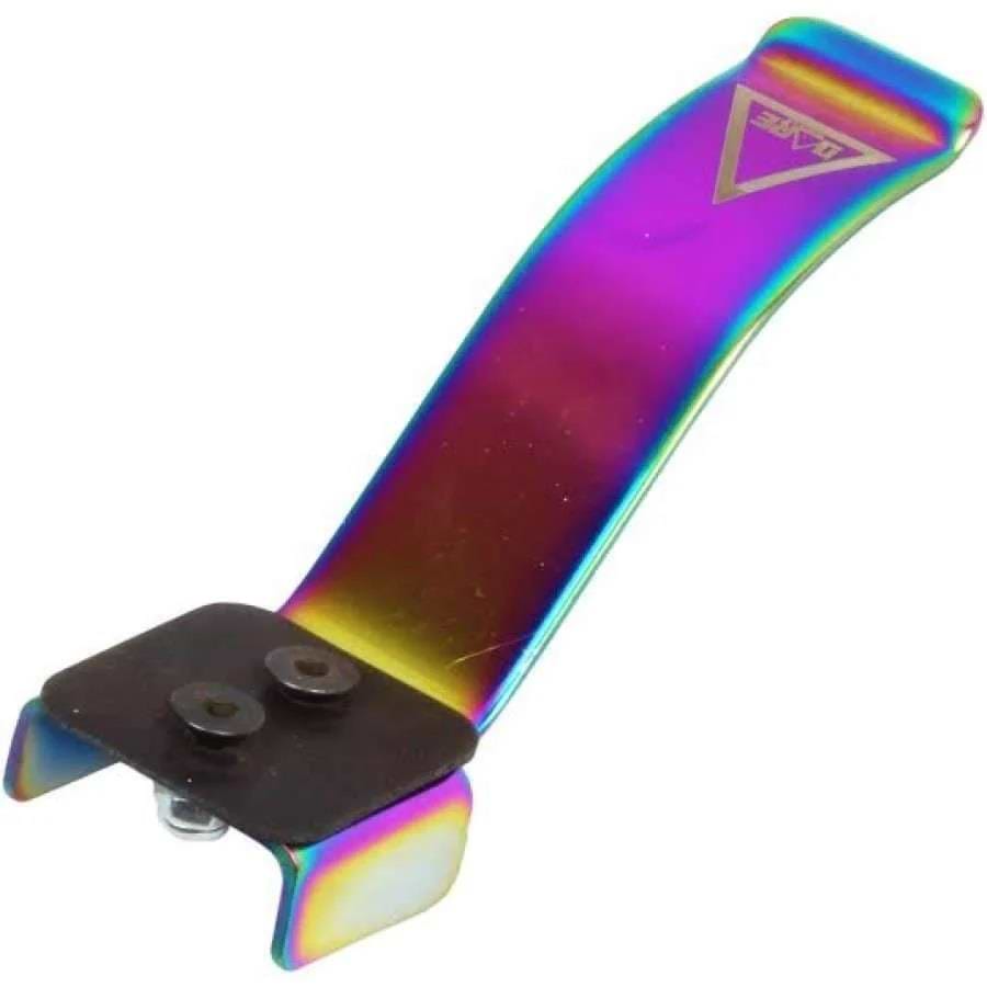 The Dare Flex Fender Stunt Scooter Brake - Neochrome by Dare features a metallic, rainbow-colored finish with a flat, curved blade and a black, rectangular flex fender secured by two screws at one end.