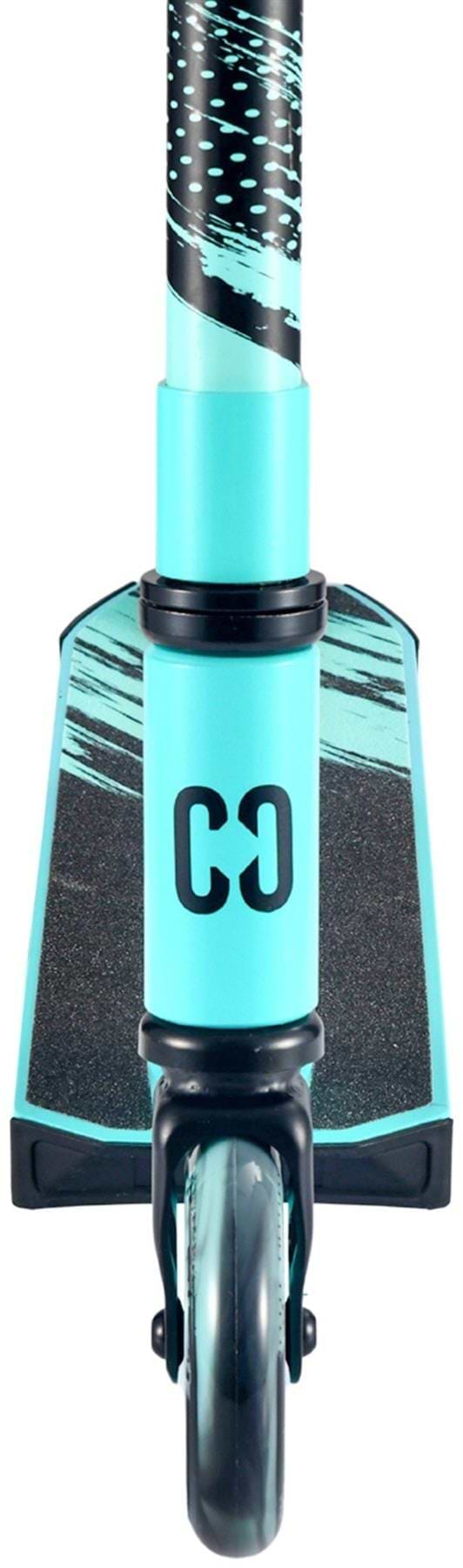 Front view of the CORE CB1 Beginner Complete Stunt Scooter in teal and black, featuring a patterned deck, single front wheel, and bold "CO" logo below the handlebars—ideal choice for beginners starting out.