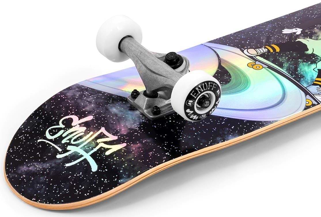 Introducing the Enuff Skully Hologram Black Complete Skateboard: an entry-level board with a 7-ply maple deck featuring vibrant space-themed graphics of planets and stars, silver trucks, and white wheels proudly displaying the Enuff brand.