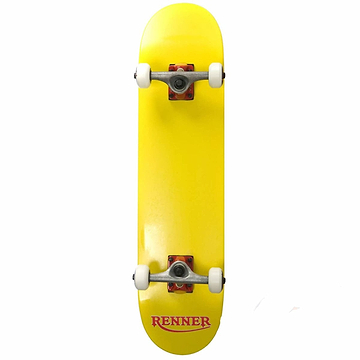 The Renner Pro Series Yellow Complete Skateboard - 7.75" x 31" highlights a vibrant yellow deck made from 7 Ply Canadian Maple, paired with silver trucks and white wheels. The bold red "RENNER" logo is prominently displayed at the bottom center, while the board is positioned vertically against a plain white background, making its striking design unmissable.