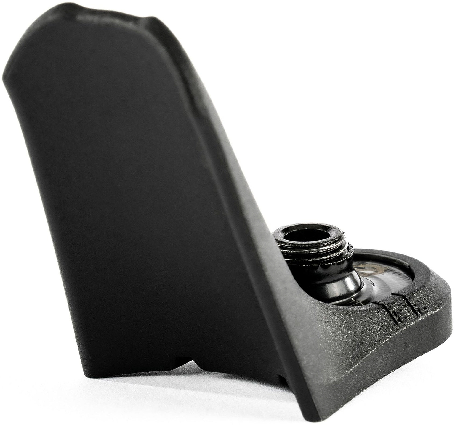 A close-up of a black plastic bottle cap opener, shown upright to highlight its threaded opening area, features a sleek design reminiscent of the Ethic DTC Stunt Scooter 8 STD Fender V2 - Black by Ethic DTC against a plain white background.