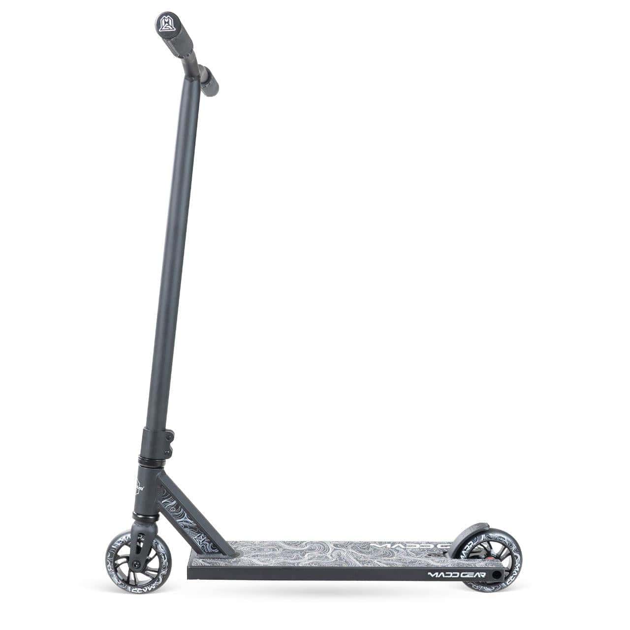 The Madd Gear MG 4 Titan Complete Stunt Scooter in black features a tall handlebar, graphic deck, small wheels with high-speed ABEC-9 chrome bearings, and displays the MGP brand name on the deck.