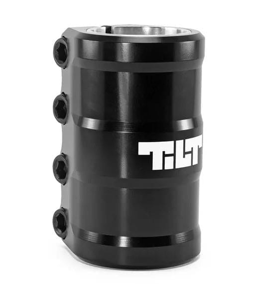 The Tilt ARC 4 Bolt Oversized SCS Stunt Scooter Clamp - Black by Tilt features four side hex bolts, "TILT" logo on the front, a glossy black finish, and includes a removable shim for compatibility.