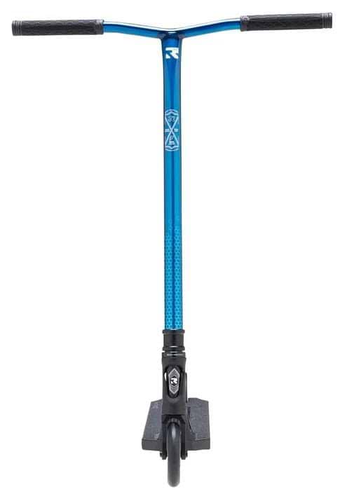 The Root Industries Invictus V3 Complete Stunt Scooter - Burnt Blue features blue styling, black handlebar grips and clamp, and a single front wheel, shown from the front against a white background.