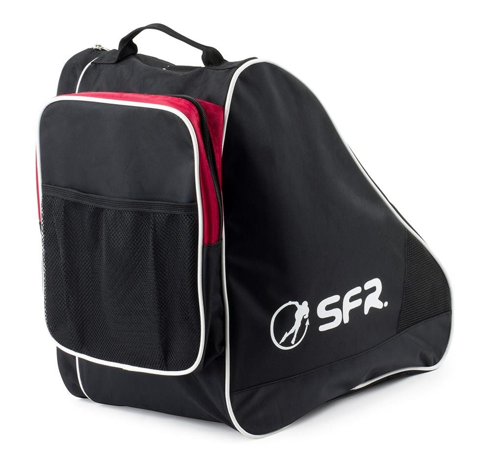 Introducing the SFR Large Ice & Skate Bag II in Black and Red. This durable skate bag showcases a sophisticated design with white piping, a striking red front pocket, and a black mesh section. Its water-resistant construction prominently features the SFR logo in white on the side and comes equipped with a convenient carrying handle on top.