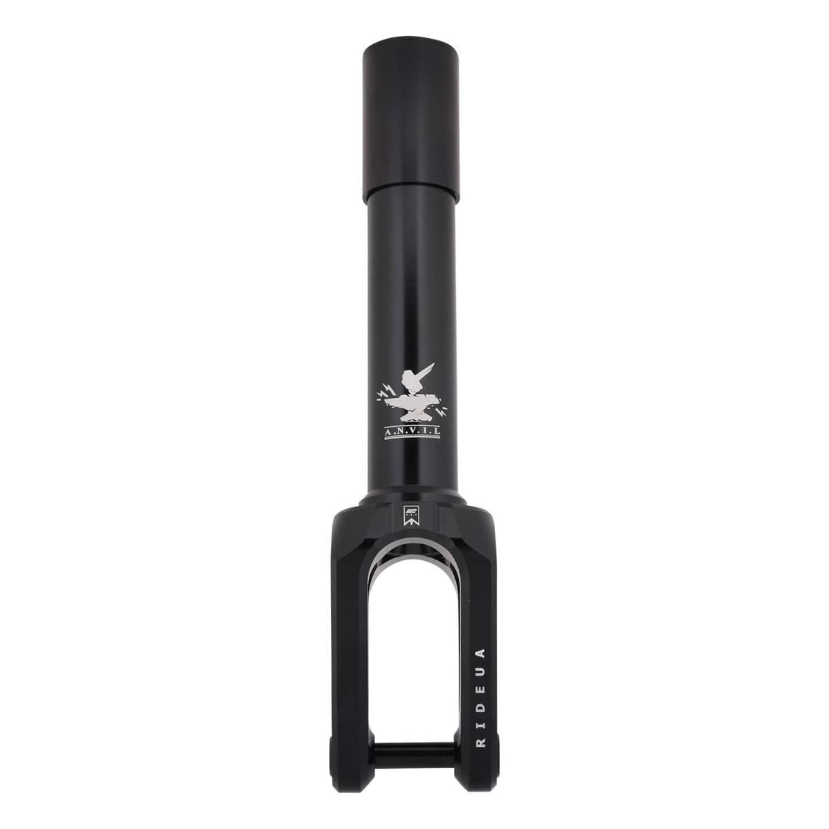 The UrbanArtt Anvil SCS/HIC Stunt Scooter Forks in black showcase a bird logo and the "RIDE UA" inscription along their side, made from robust 6061-T6 aluminum. The design features a sleek cylindrical top that smoothly transitions into wider fork arms, embodying the design excellence typical of UrbanArtt products.