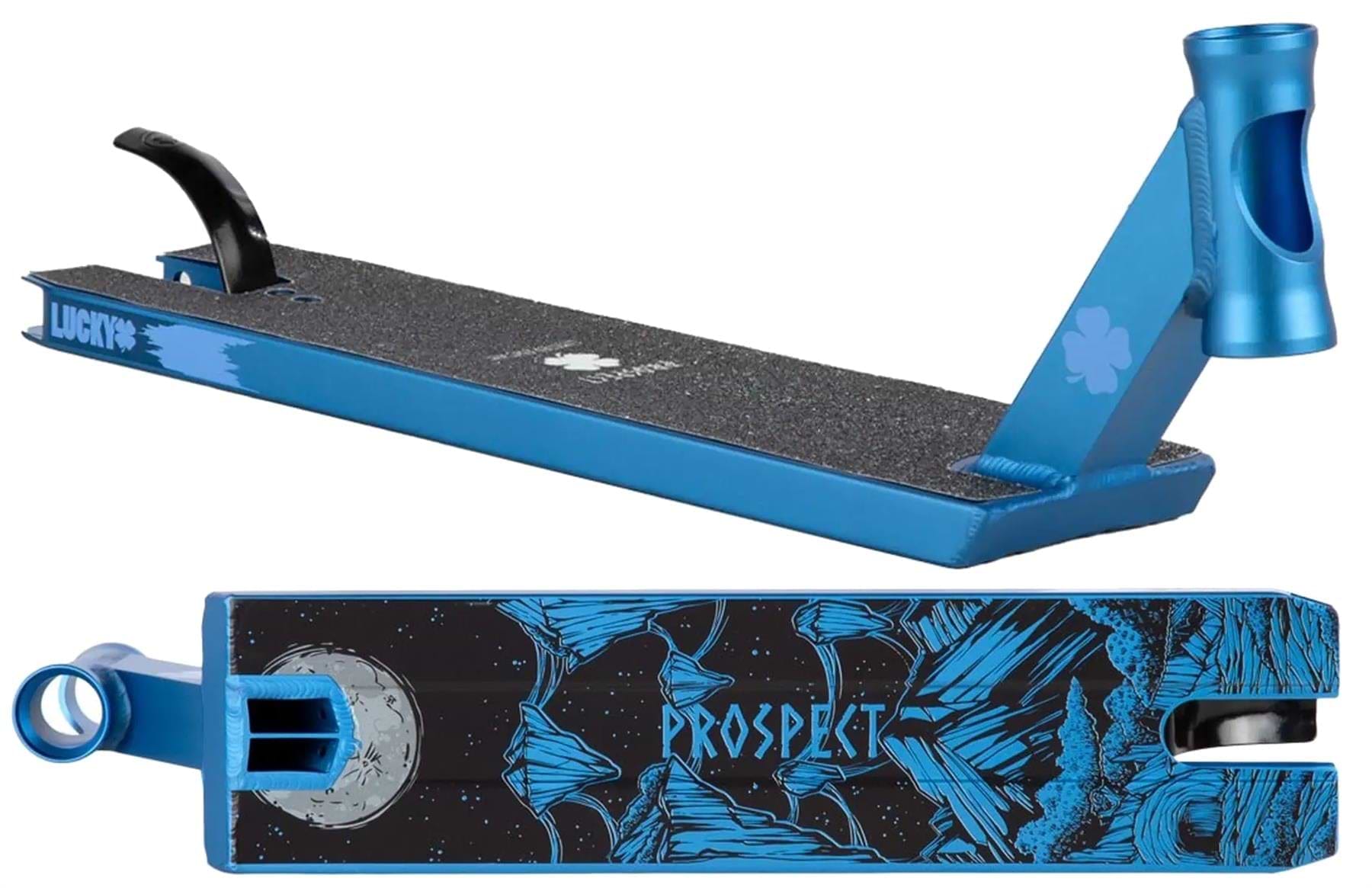 The Lucky Prospect Limited Edition Royal Blue Stunt Scooter Deck (5" x 20") by Lucky features black grip tape, a clover logo and "Lucky" on the side, plus a cosmic underside with a moon, blue mountains, and bold "PROSPECT.