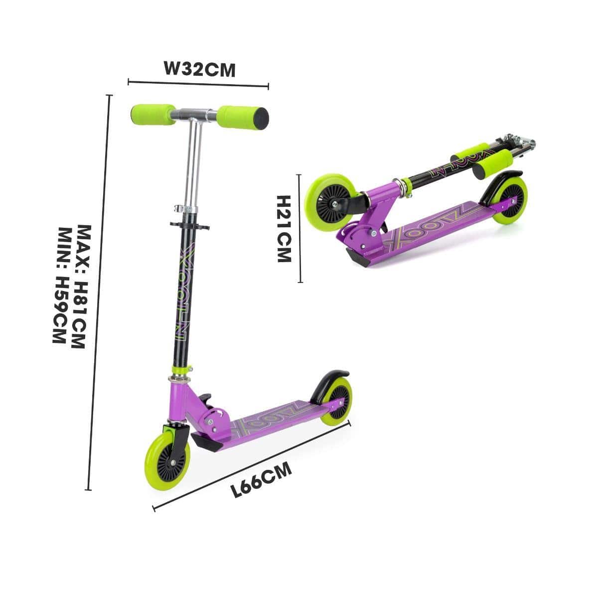 The Xootz Atom Foldable Kids Kick Scooter features a lightweight frame with a vibrant purple design, adjustable handlebars from 59cm to 81cm, dimensions of 66cm long and 32cm wide, and green wheels and grips, making it great for stylish rides both unfolded and folded.