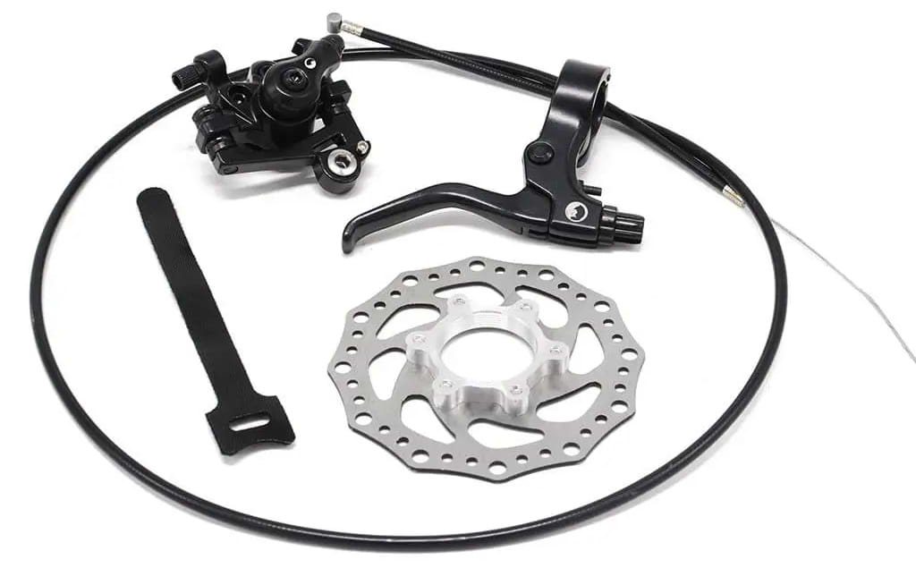 The Wildcat 10" Mini BMX Rear Disc Brake kit by Wildcat, featuring a lever, caliper, rotor, cable, and bracket—ideal for your Mini BMX—is shown neatly arranged on a white background.