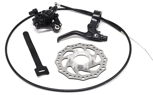 The Wildcat 10" Mini BMX Rear Disc Brake kit by Wildcat, featuring a lever, caliper, rotor, cable, and bracket—ideal for your Mini BMX—is shown neatly arranged on a white background.