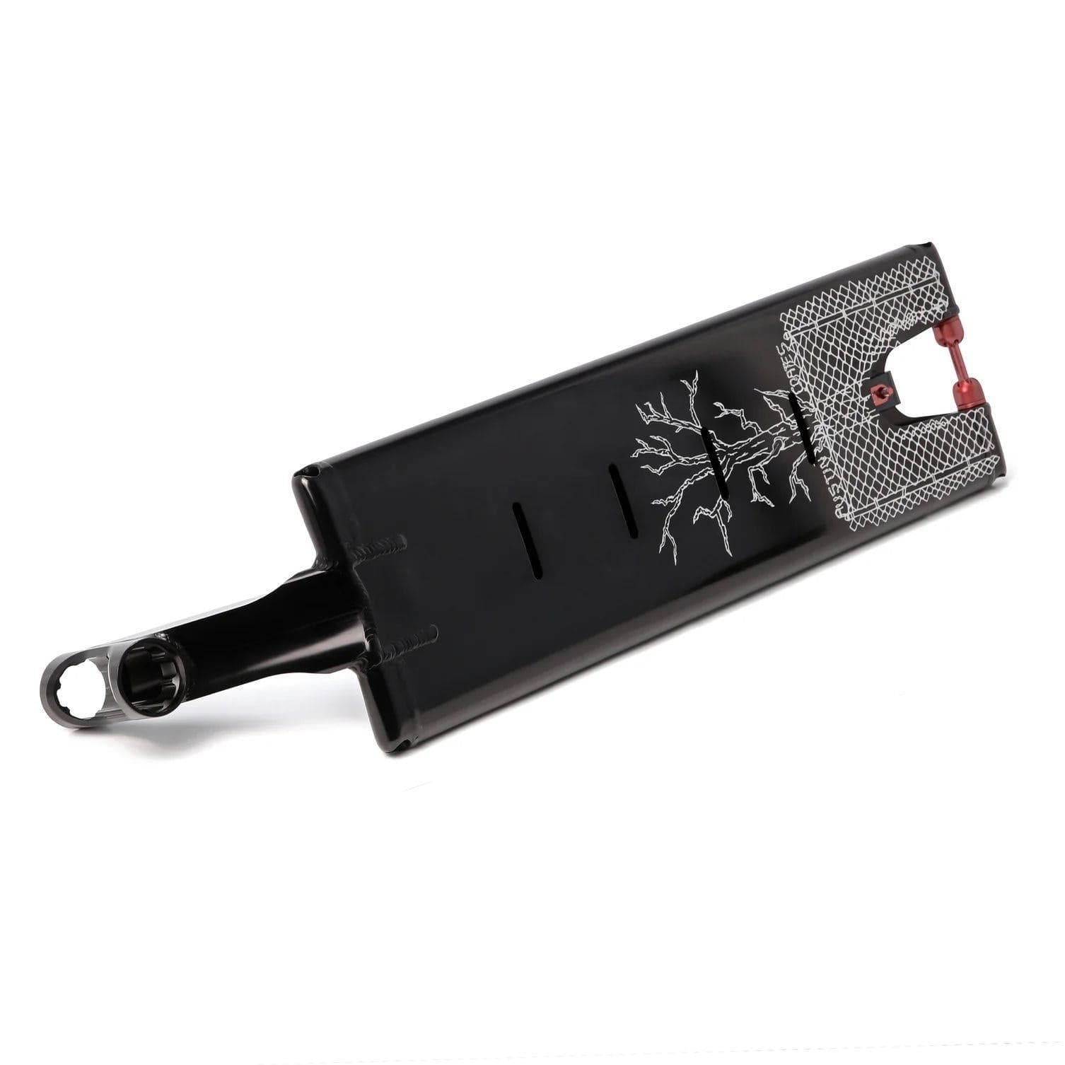 The Aztek Europa 2 Black Stunt Scooter Deck (7" x 24") by Aztek features striking white tree and geometric graphics, a rectangular cutout with red accents at one end, and a rounded mount—perfect for improving street grinding skills.