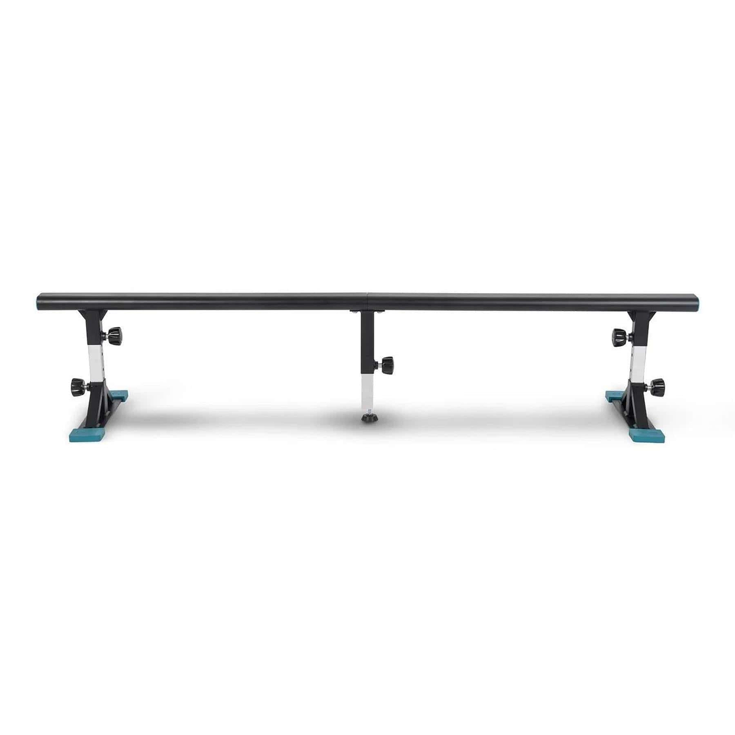 The Invert Supreme Portable Grind Rail - Black by Invert features blue end caps and support legs, offering a durable, adjustable rail for skateboarding or inline skating tricks—easy to set up and shown on a plain white background.