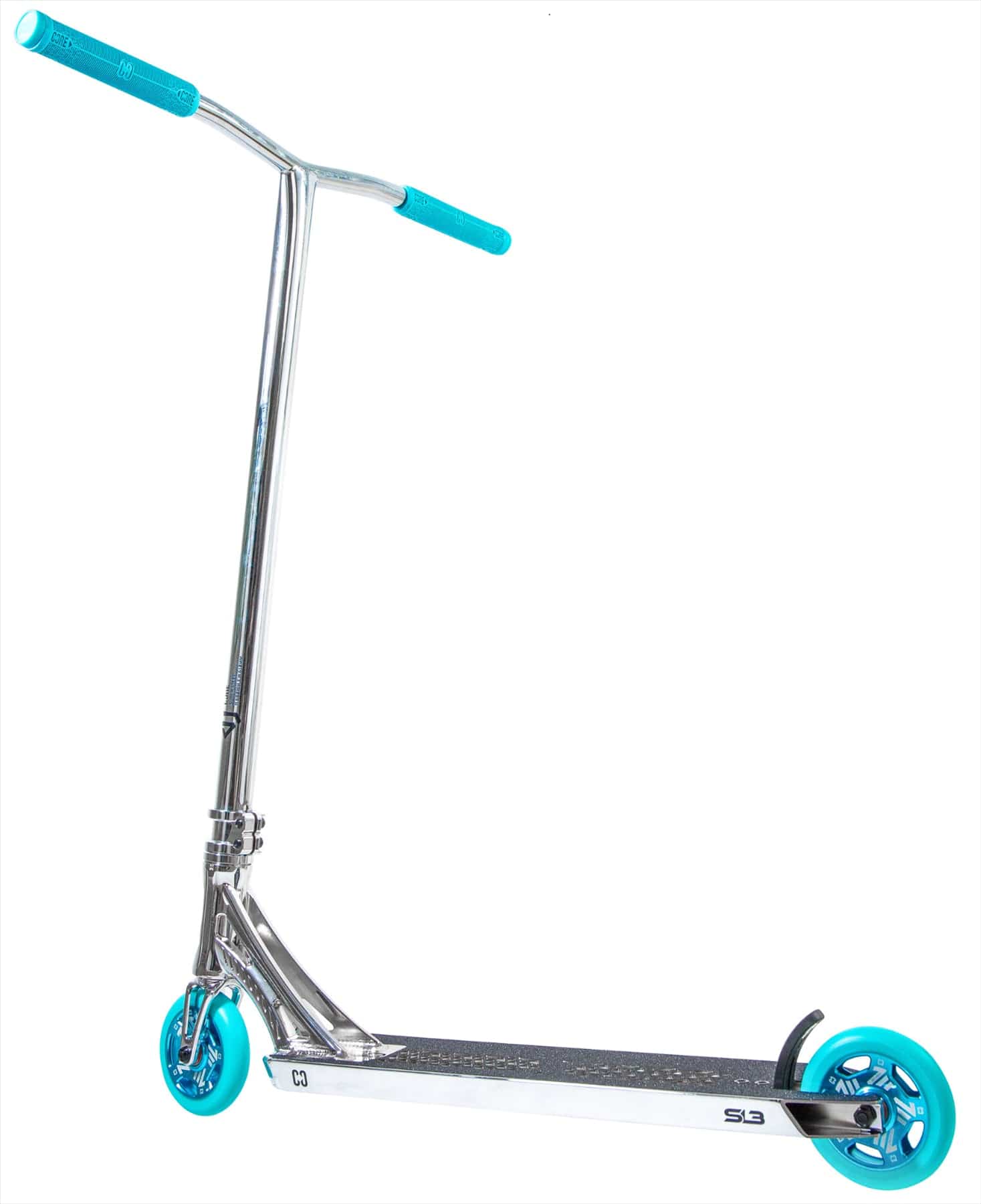The CORE SL3 Complete Stunt Scooter by CORE, shown in Chrome/Teal, boasts a lightweight, reinforced deck and rear wheel brake—ideal for skatepark tricks. Features sleek minimalist design with teal handlebars and wheels on a white background.
