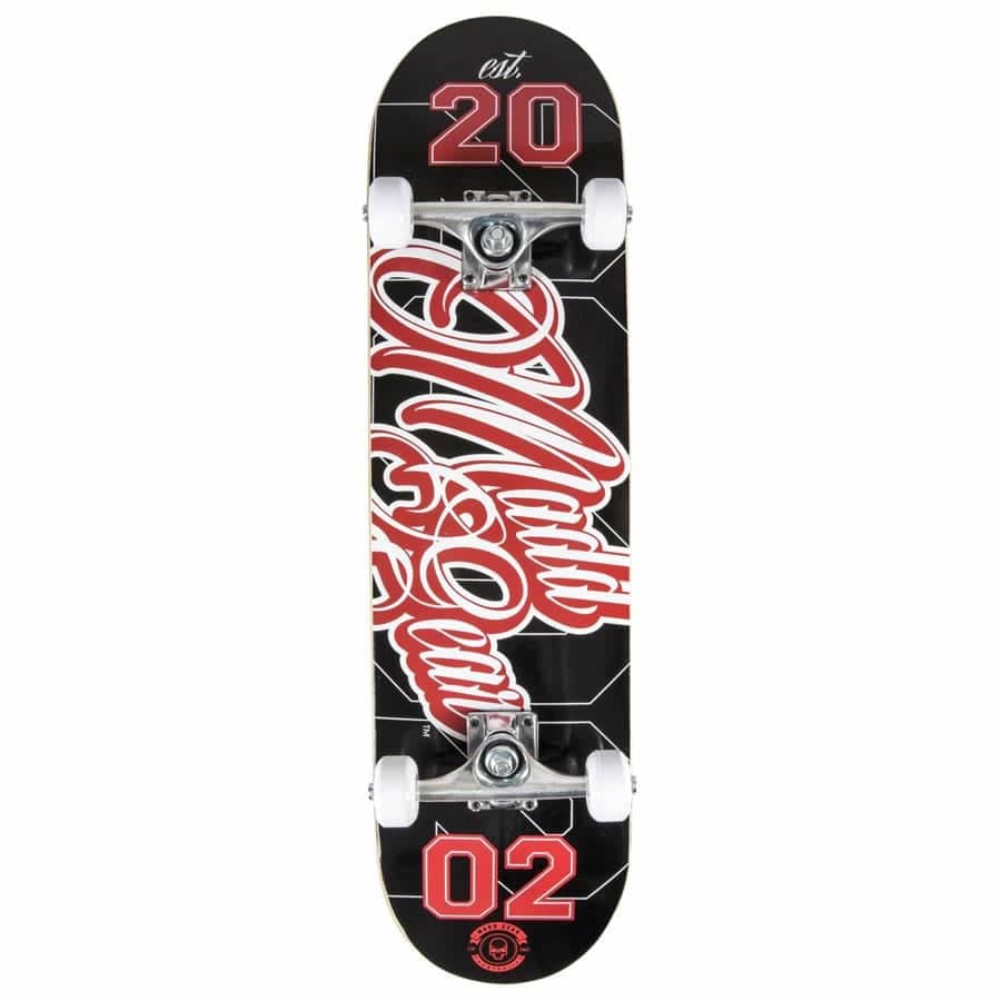 The Madd Gear MGP Pro Series Gameplay black and red complete skateboard features a black 9-ply maple deck with striking red and white graphics, highlighted by the "World Cup" text alongside the numbers "20" and "02." It is equipped with quality components, including sleek white wheels and sturdy trucks, ensuring a smooth ride.