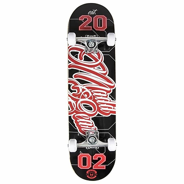 The Madd Gear MGP Pro Series Gameplay black and red complete skateboard features a black 9-ply maple deck with striking red and white graphics, highlighted by the "World Cup" text alongside the numbers "20" and "02." It is equipped with quality components, including sleek white wheels and sturdy trucks, ensuring a smooth ride.